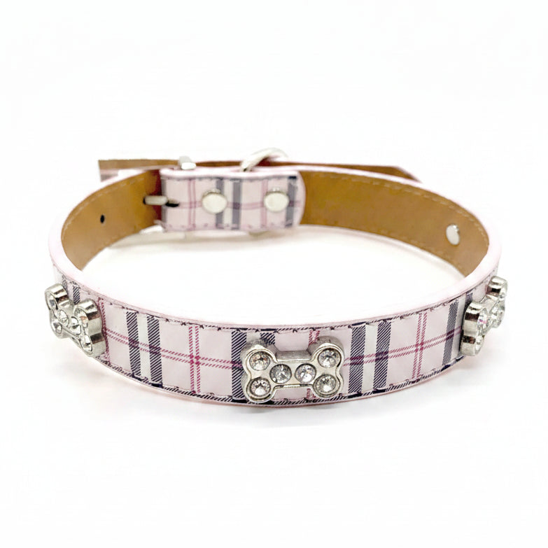 Luxury rhinestone dog collar pink plaid leather crystal bone charms silver