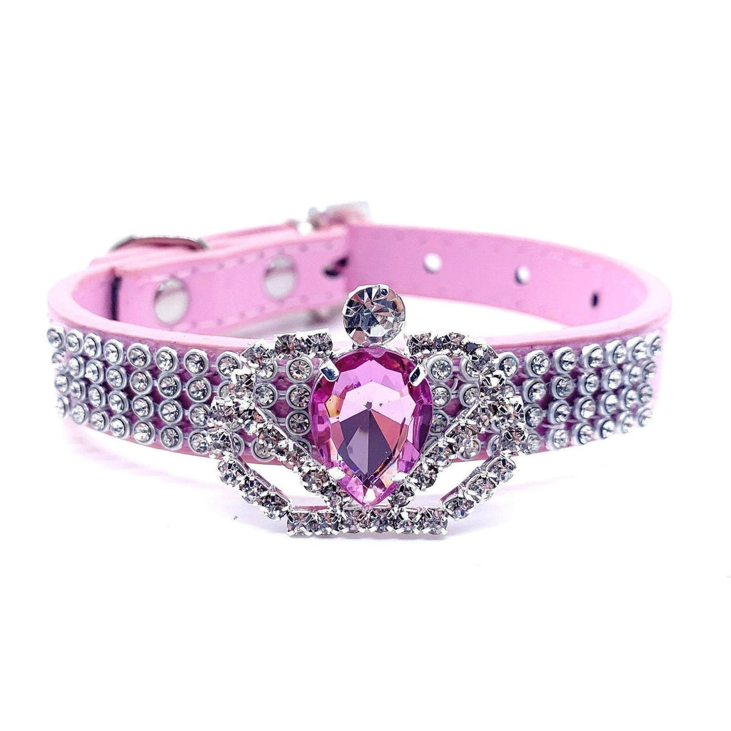 Luxury rhinestone pet collar pink leather triple-row crystal crown charm pink teardrop gemstone