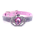 Luxury rhinestone pet collar pink leather triple-row crystal crown charm pink teardrop gemstone