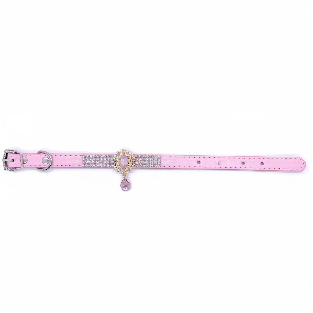 Pink leather luxury pet collar with gold filigree rose quartz oval centerpiece, rhinestone band, and dangling pink teardrop pendant