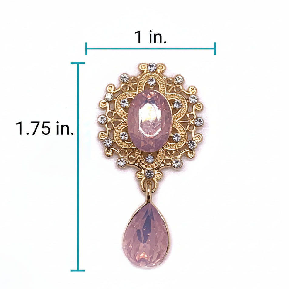 1 x 1.75 inch gold baroque filigree charm with oval rose quartz centerpiece, crystal halo accents, and dangling pink teardrop pendant for luxury pet collar