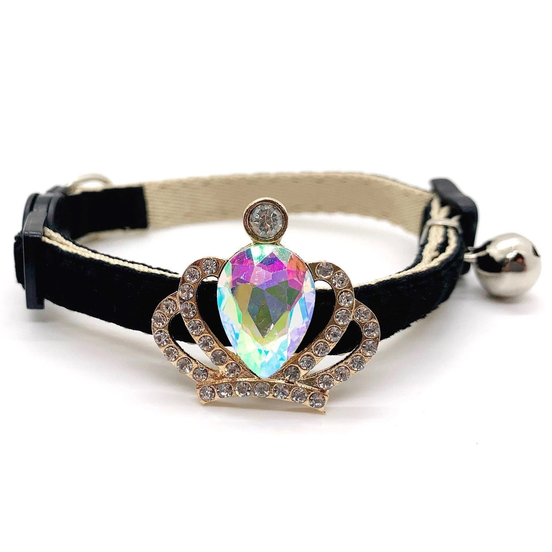 Black velvet cat  dog collar with gold crown aurora borealis iridescent crystal centerpiece, rhinestone halo setting, and silver bell