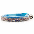 Luxury rhinestone pet collar blue velvet triple-row pink crystal safety breakaway bell