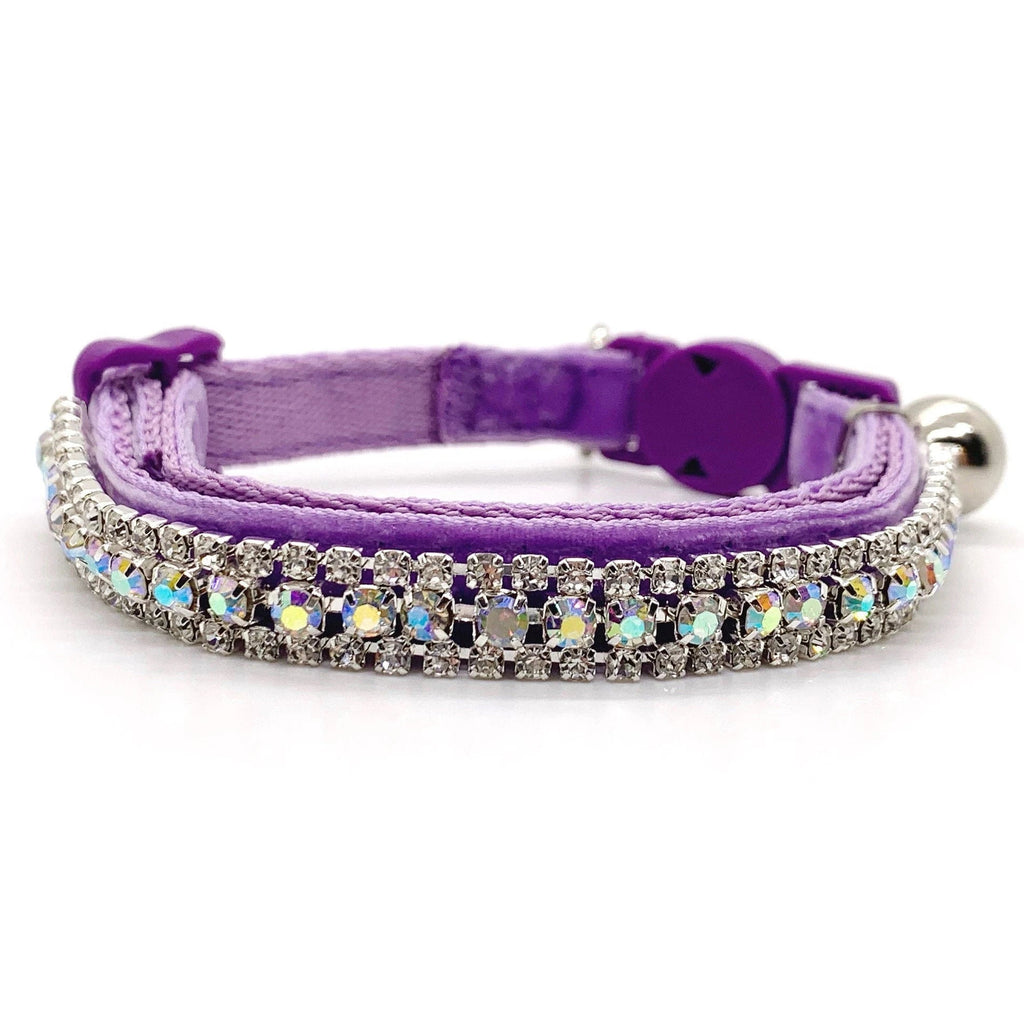 Luxury rhinestone pet collar purple velvet triple-row iridescent AB crystal safety breakaway bell