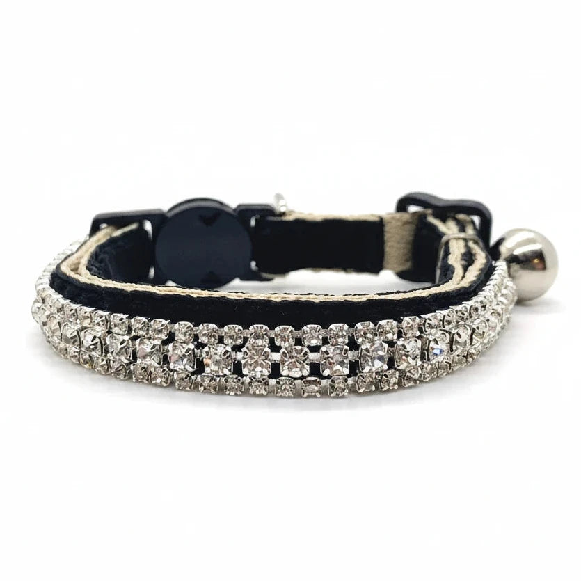 Luxury rhinestone pet collar black velvet triple-row clear crystal safety breakaway bell