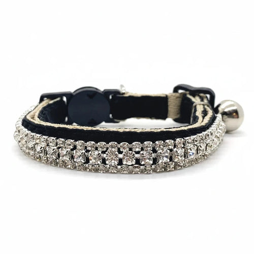 Luxury rhinestone pet collar black velvet triple-row clear crystal safety breakaway bell