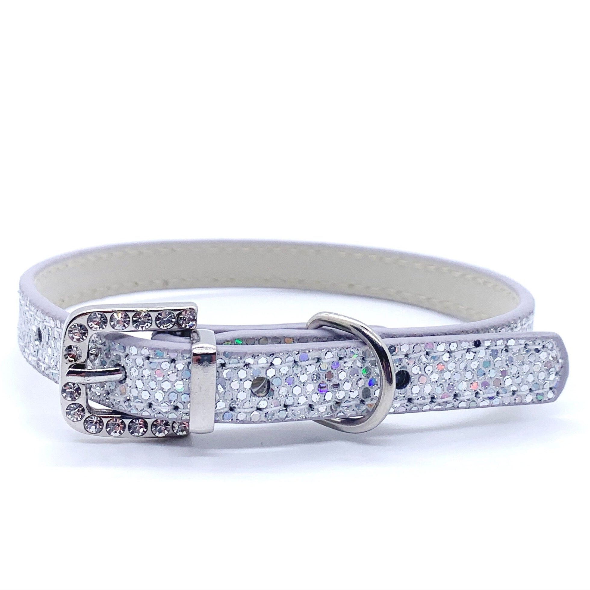 Silver glitter rhinestone pet collar with crystal-encrusted buckle and D-ring for cats and dogs