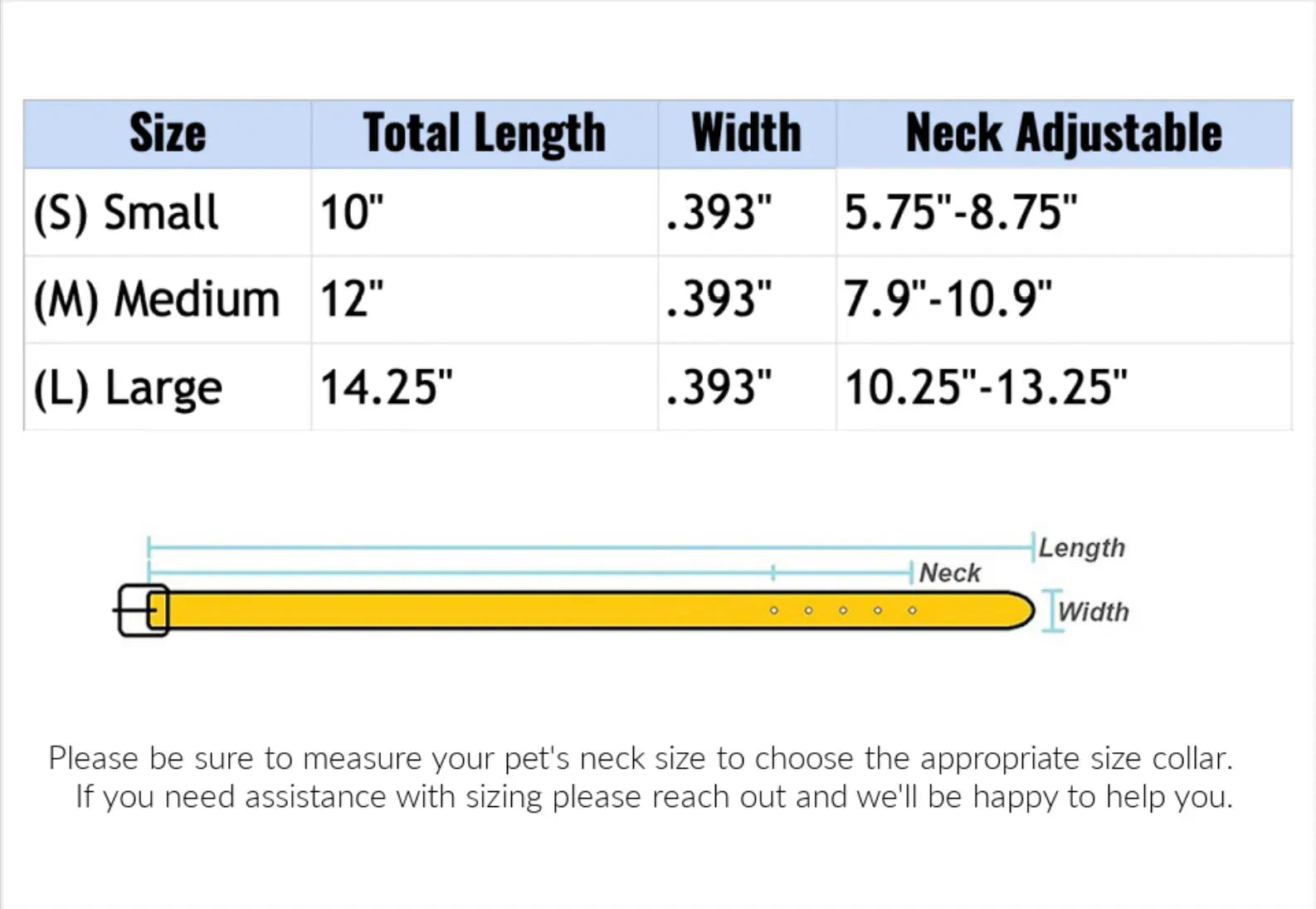Measurement chart for pet collars with size, total length, width, and neck adjustable ranges.