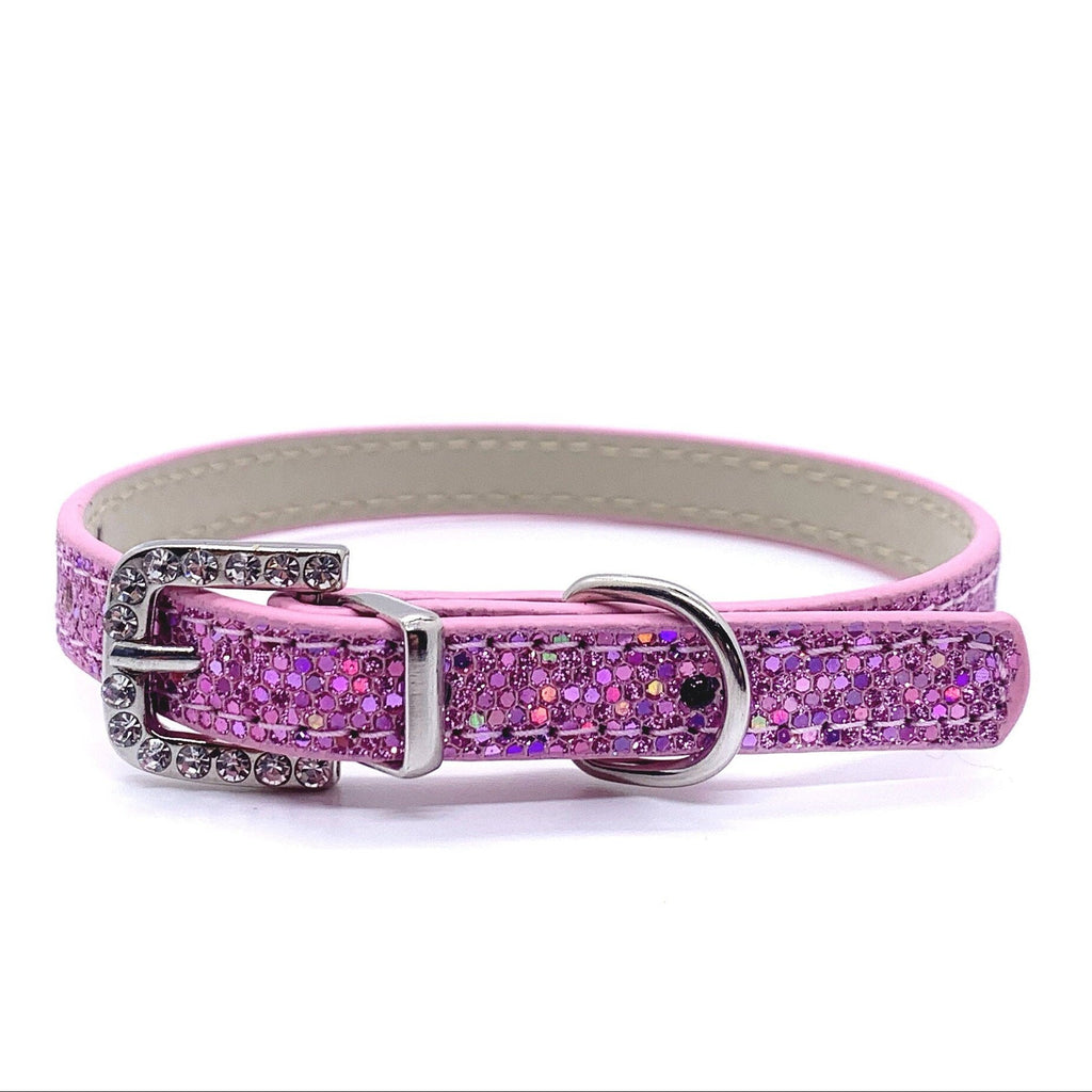 Pink glittery pet collar with silver buckle for cats and dogs