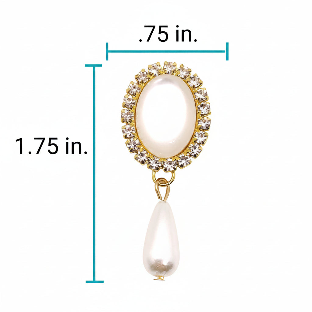 0.75 x 1.75 inch gold oval moonstone centerpiece with crystal rhinestone halo and dangling pearl teardrop pendant for luxury pet collar
