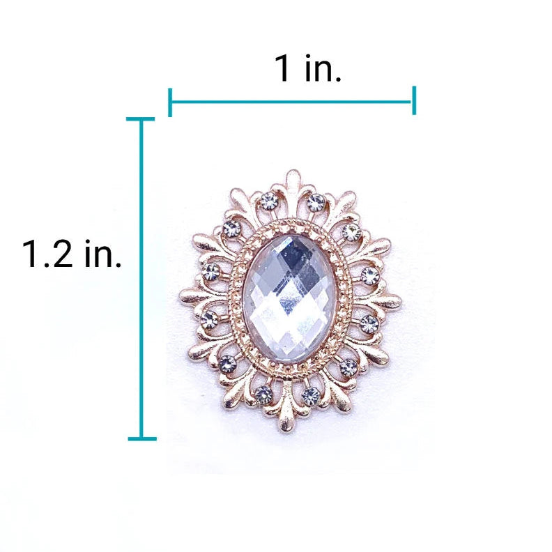 Size diagram of 1 inch wide by 1.2 inch tall gold sunflower brooch with clear faceted oval crystal centerpiece and rhinestone accent petals for luxury pet collar