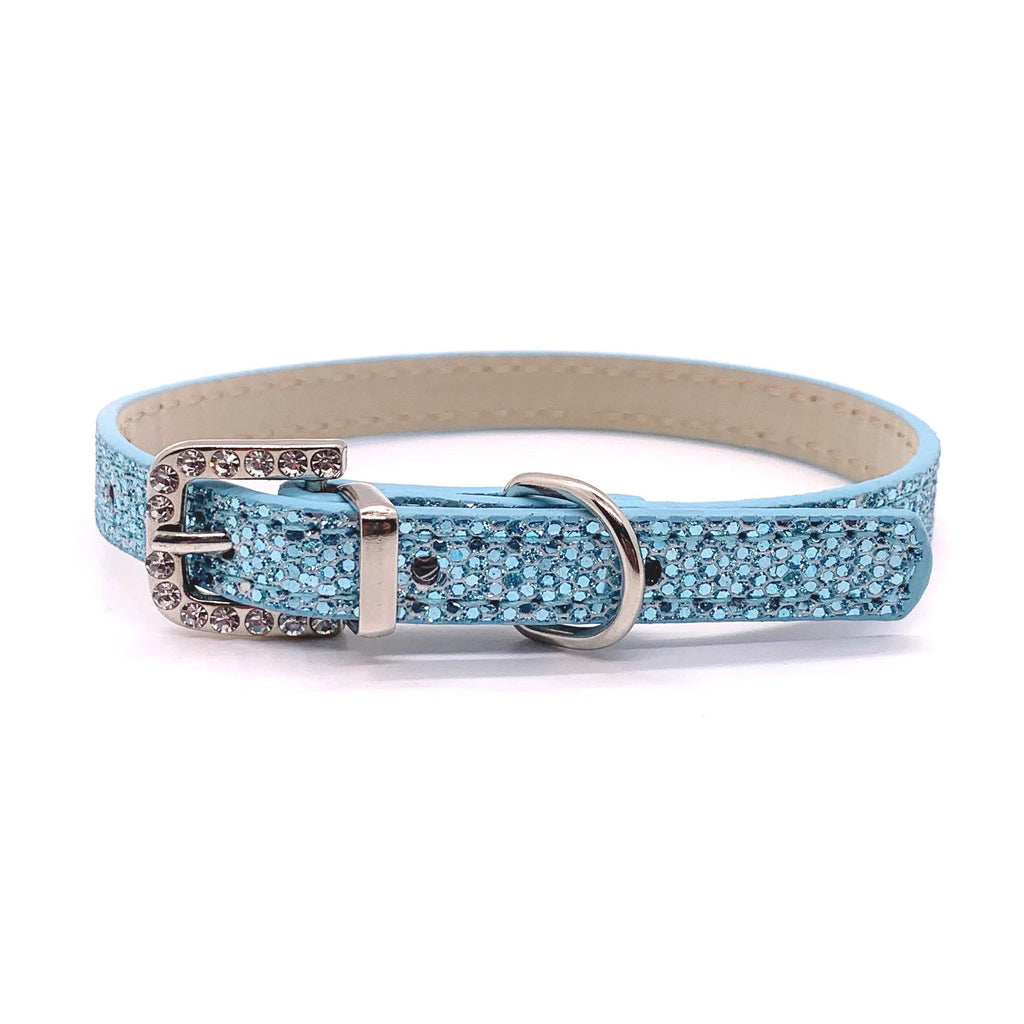 Blue glittery pet collar with a silver buckle for cats and dogs on a white background