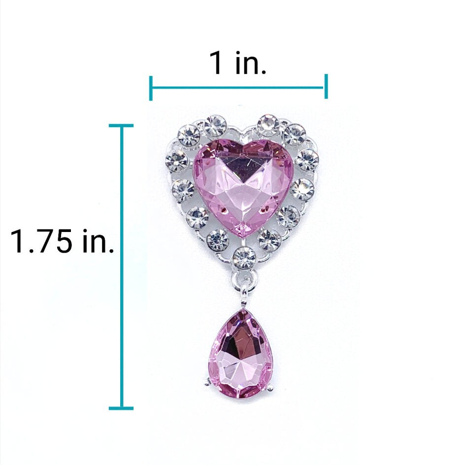 Close-up size diagram of 1 inch wide by 1.75 inch tall pink heart rhinestone charm with crystal halo setting and teardrop pendant for luxury pet collar