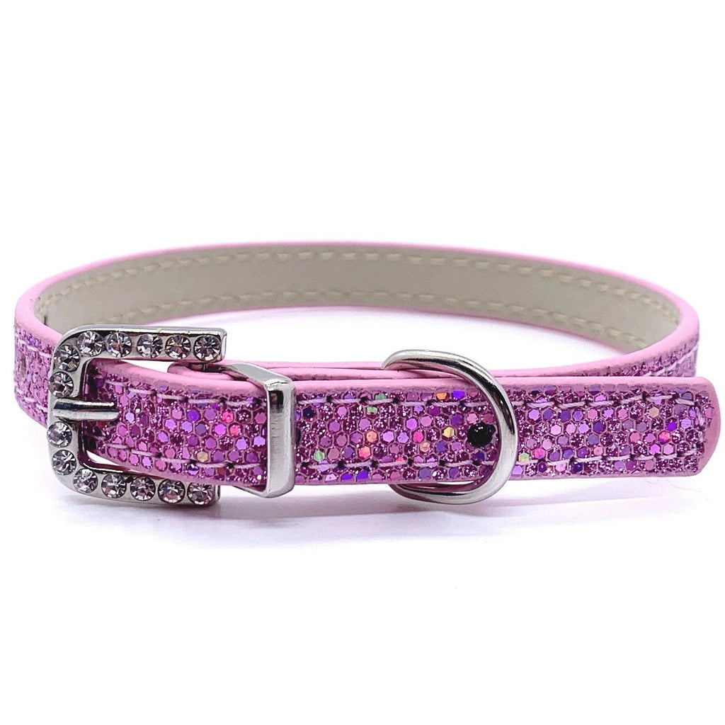 Pink glittery dog collar with silver buckle on a white background