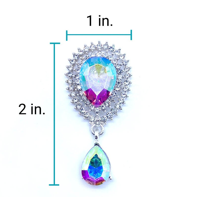 Size diagram of 1 inch wide by 2 inches tall silver aurora borealis iridescent teardrop brooch with double rhinestone halo and dangling AB crystal teardrop charm for luxury pet collar
