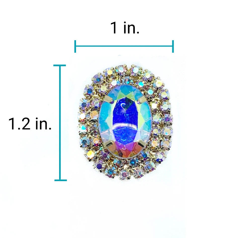 Size diagram of 1 inch wide by 1.2 inch tall aurora borealis iridescent oval crystal centerpiece brooch with double halo of rainbow AB rhinestone accent stones for luxury pet collar
