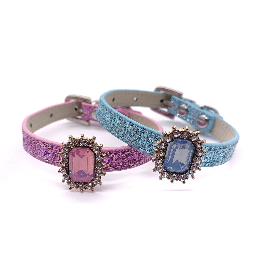 Luxury crystal pet collar glitter leather large emerald-cut gemstone halo rhinestone pink blue two color options for cats and dogs