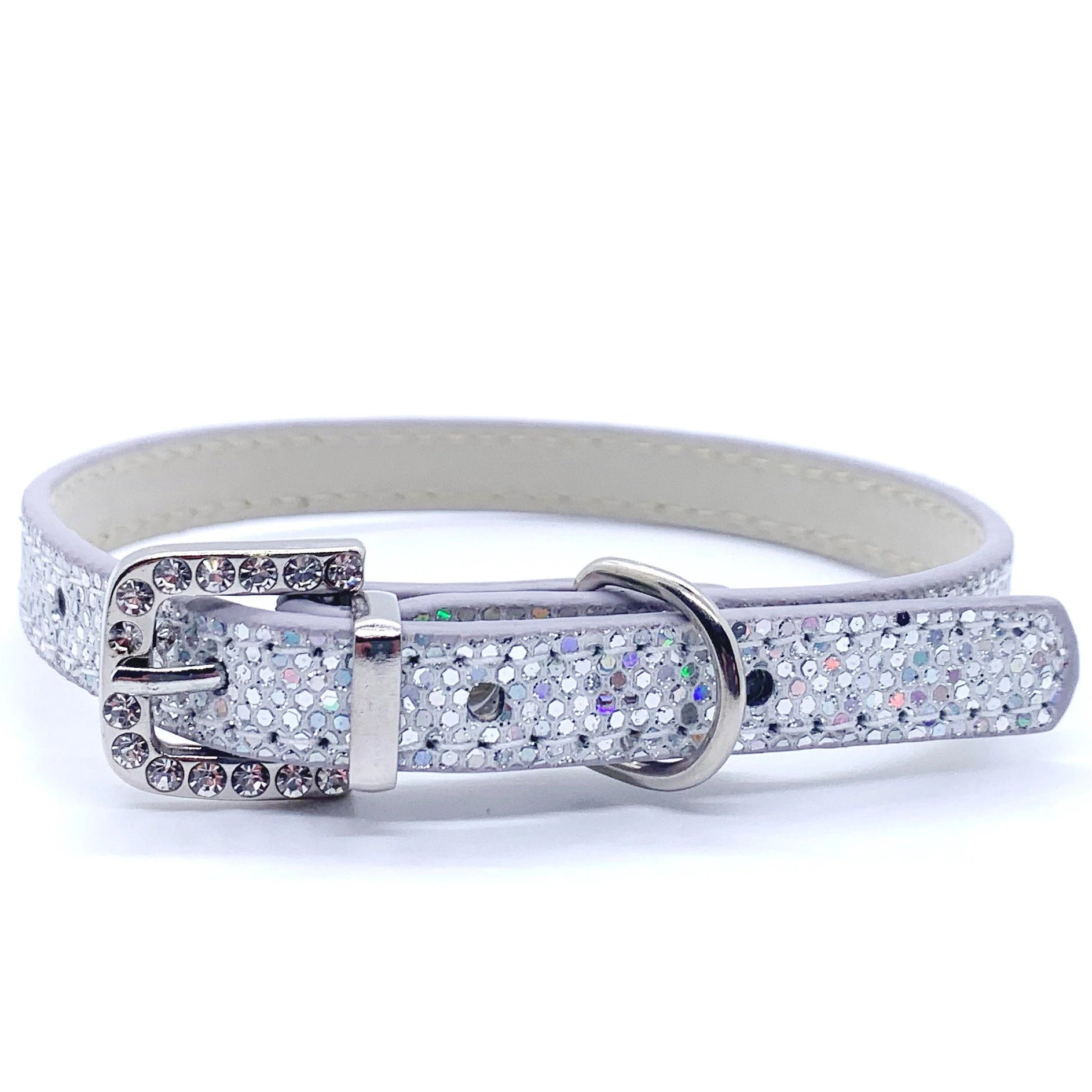 Silver glittery rhinestone pet collar with silver crystal-encrusted buckle and silver D-ring for cats and dogs