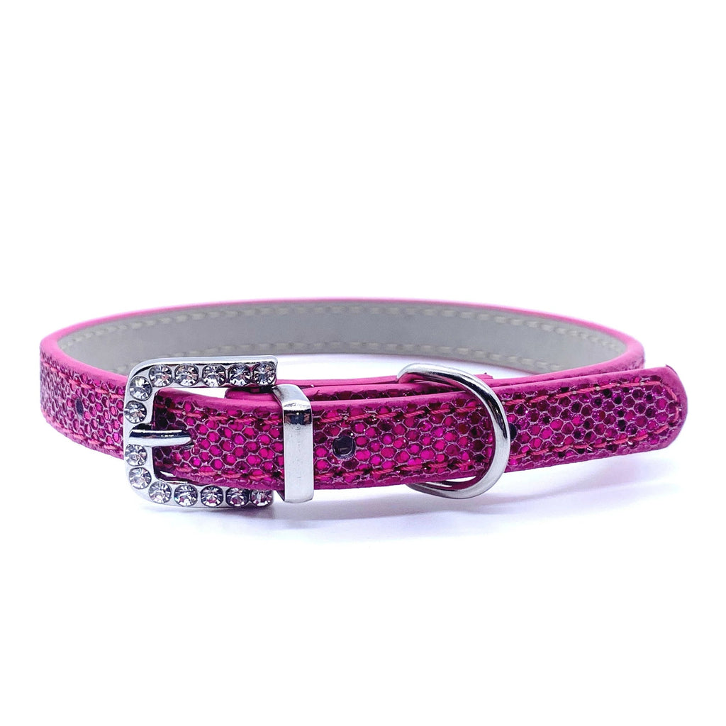 Pink glittery rhinestone pet collar with silver crystal-encrusted buckle and silver D-ring for cats and dogs