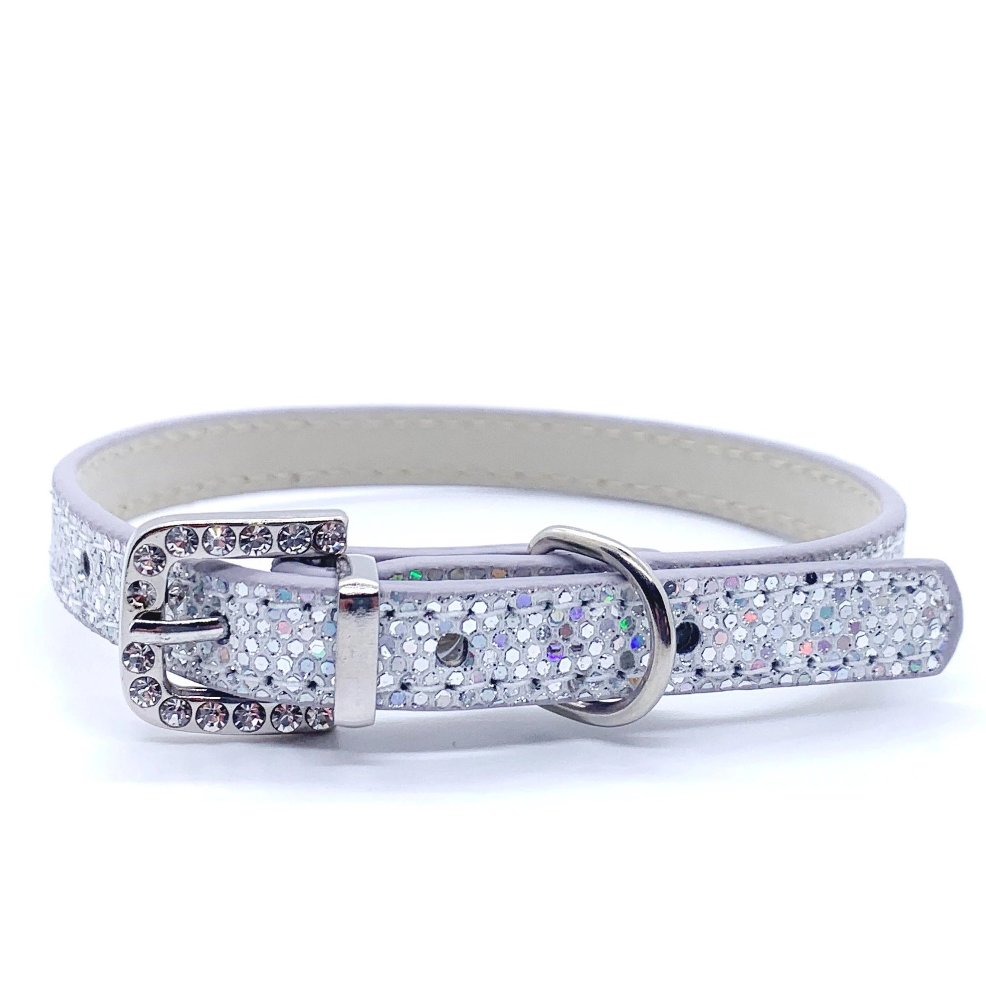 Silver dog collar with rhinestone embellishments on a white background