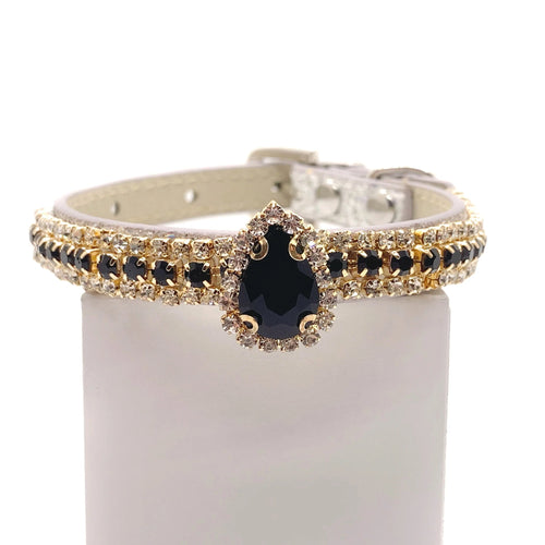 Silver leather pet collar with triple-row black and gold rhinestone band and onyx black teardrop centerpiece charm with crystal halo setting for cats and dogs