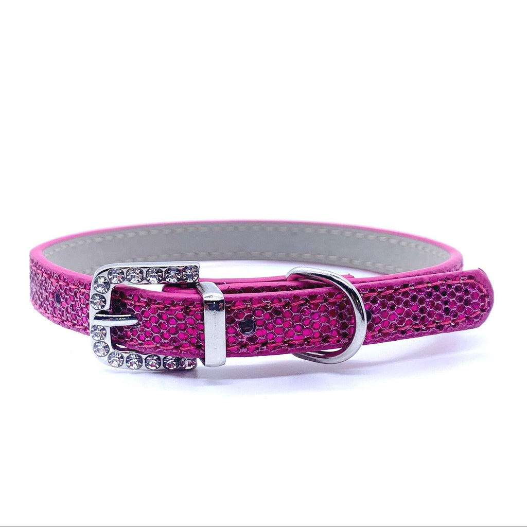 Pink dog collar with a silver buckle on a white background