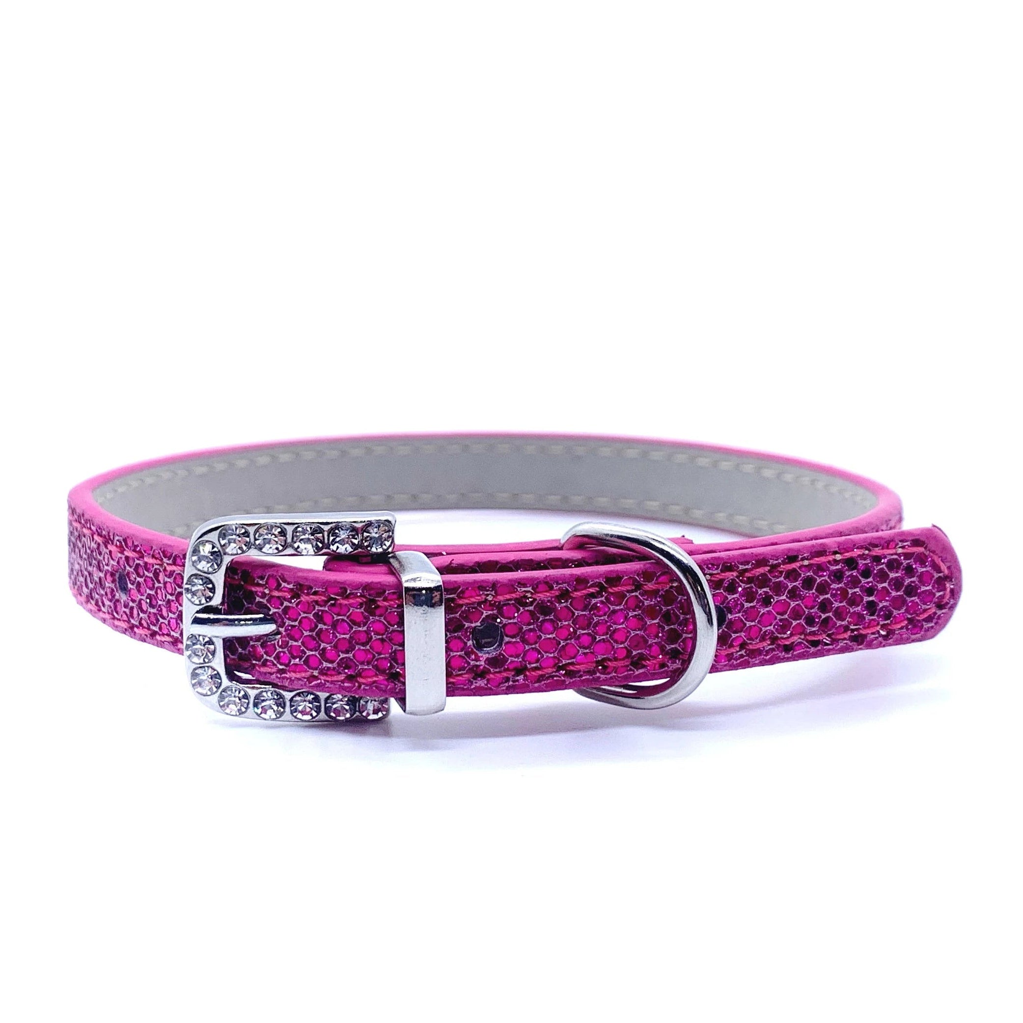 Magenta pink glittery rhinestone pet collar with silver crystal-encrusted buckle and silver D-ring for cats and dogs