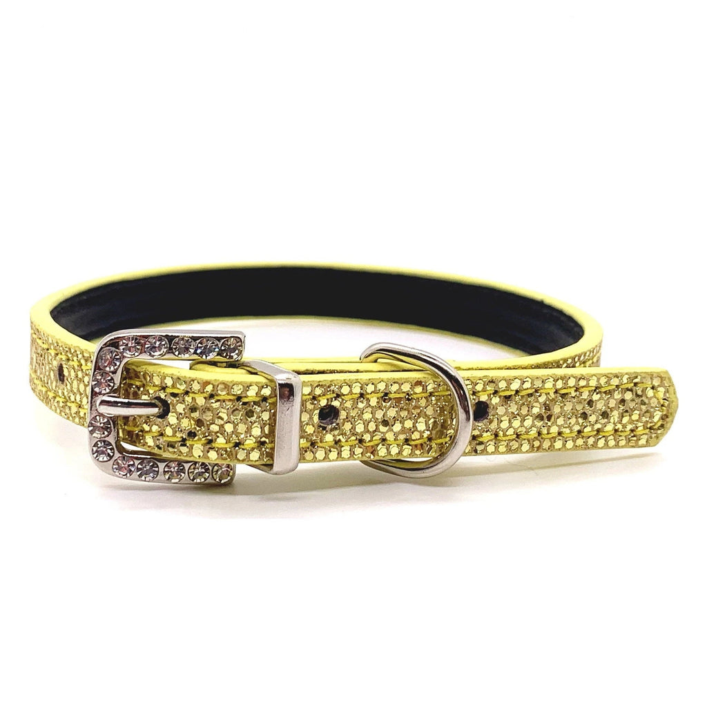 Gold yellow glittery rhinestone pet collar with silver crystal-encrusted buckle and silver D-ring for cats and dogs