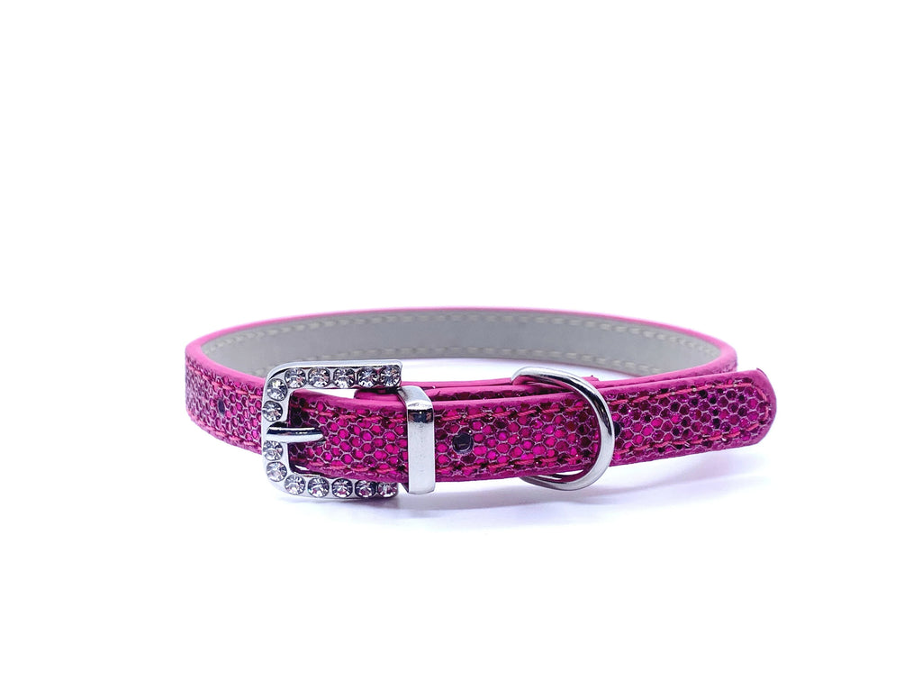 Hot pink metallic honeycomb texture pet collar with crystal rhinestone-encrusted silver buckle and D-ring for cats and dogs
