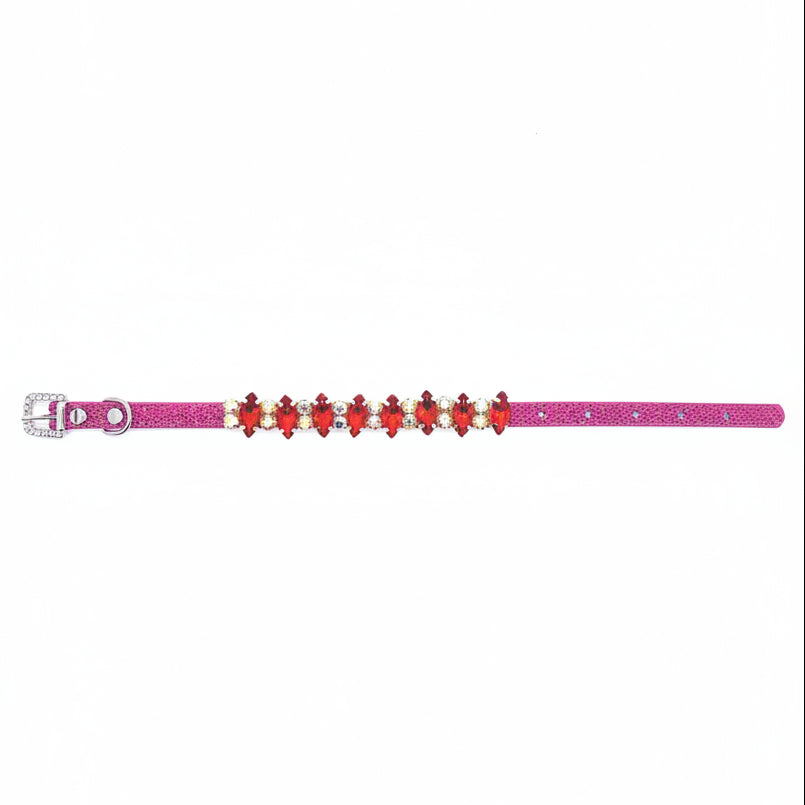 Hot pink glitter pet collar with ruby red marquise rhinestone centerpiece row and crystal accent stones for cats and dogs