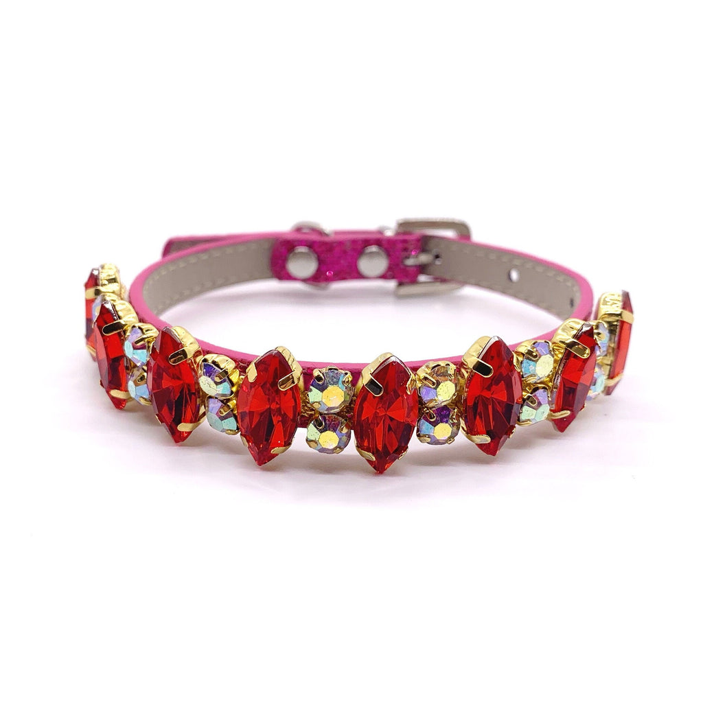 Luxury hot pink pet collar with full-band ruby red marquise rhinestones and aurora borealis crystal accent stones in gold settings for cats and dogs