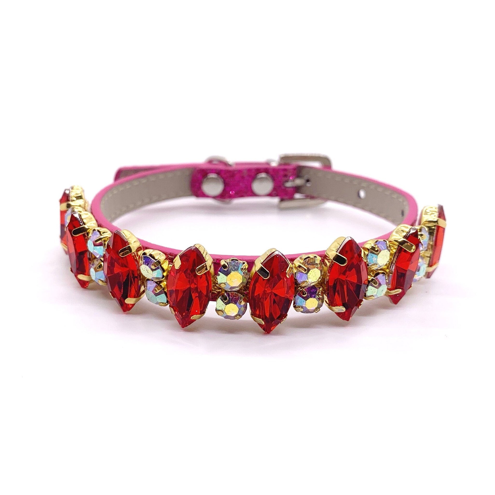 Luxury hot pink pet collar with full-band ruby red marquise rhinestones and aurora borealis crystal accent stones in gold settings for cats and dogs