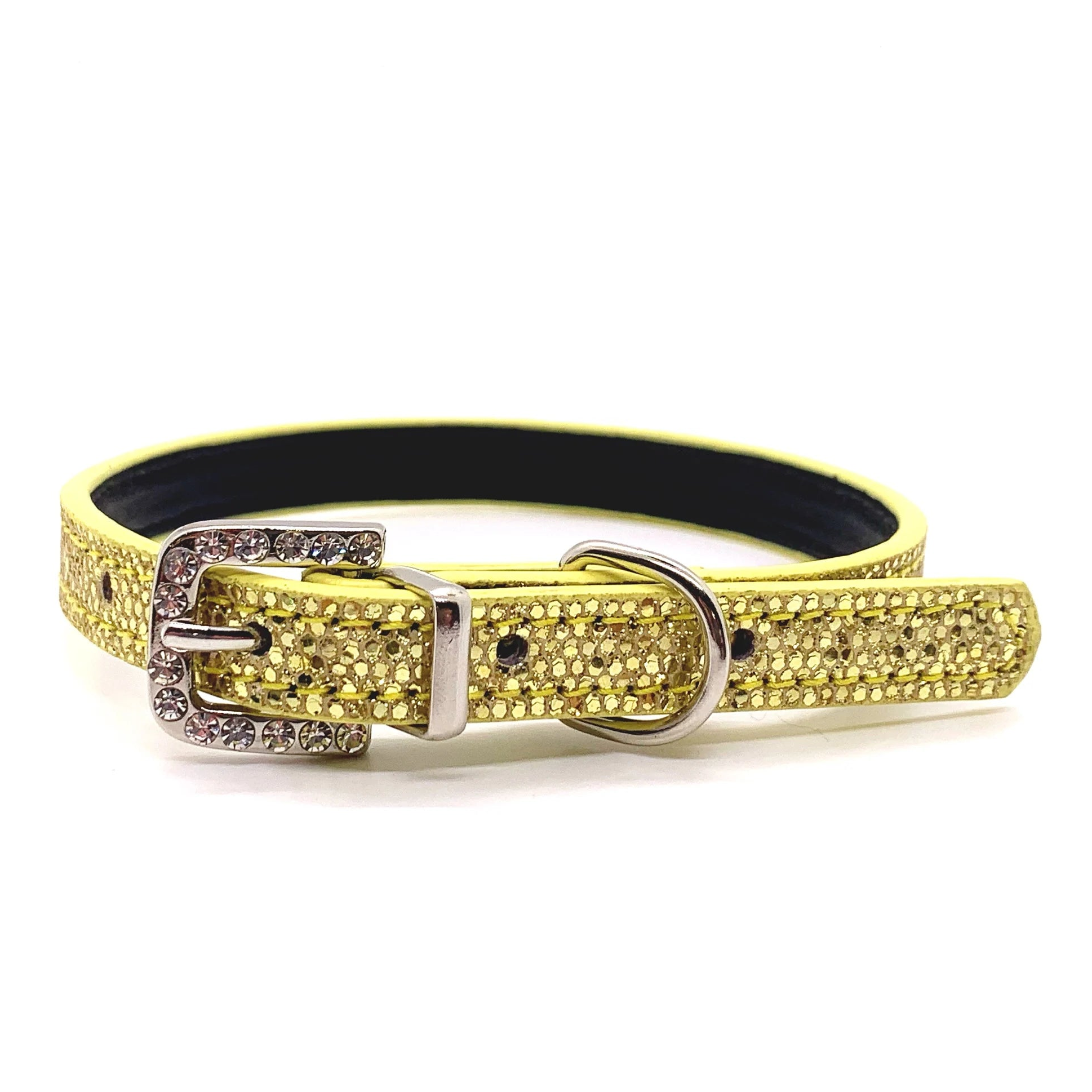 Yellow glitter rhinestone pet collar with crystal-encrusted silver buckle and D-ring for cats and dogs on a white background