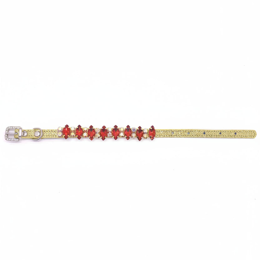 Gold glitter pet collar with ruby red marquise rhinestone centerpiece row and crystal accent stones for cats and dogs