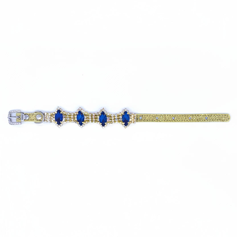 Yellow citrine glitter pet collar with sapphire blue marquise rhinestone centerpiece row and crystal accent stones laid flat showing full length with rhinestone-encrusted buckle for cats and dogs