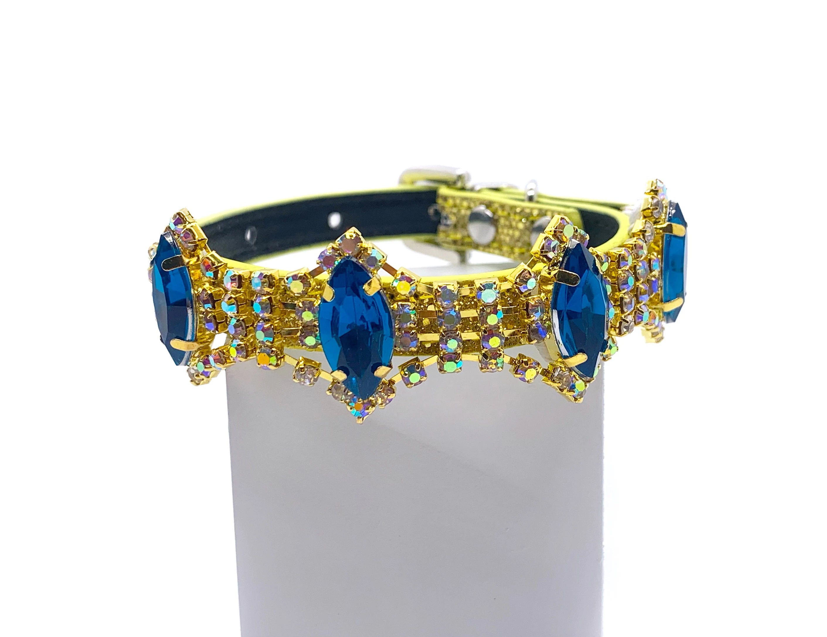 Gold glitter pet collar with full-band sapphire blue marquise rhinestones and aurora borealis crystal accent stones in gold settings side view for cats and dogs