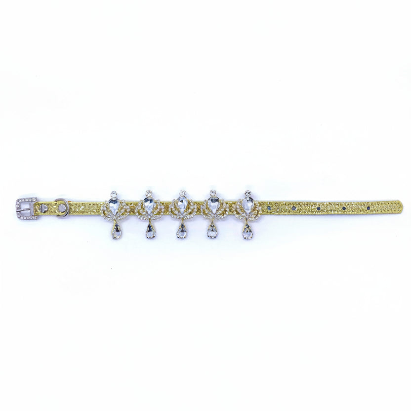 Yellow glitter luxury pet collar with five-charm crystal rhinestone crown and teardrop chandelier band, dangling clear crystal teardrop pendants, and rhinestone buckle clasp