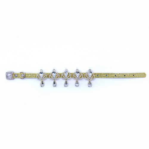 Yellow glitter luxury pet collar with five-charm crystal rhinestone crown and teardrop chandelier band, dangling clear crystal teardrop pendants, and rhinestone buckle clasp