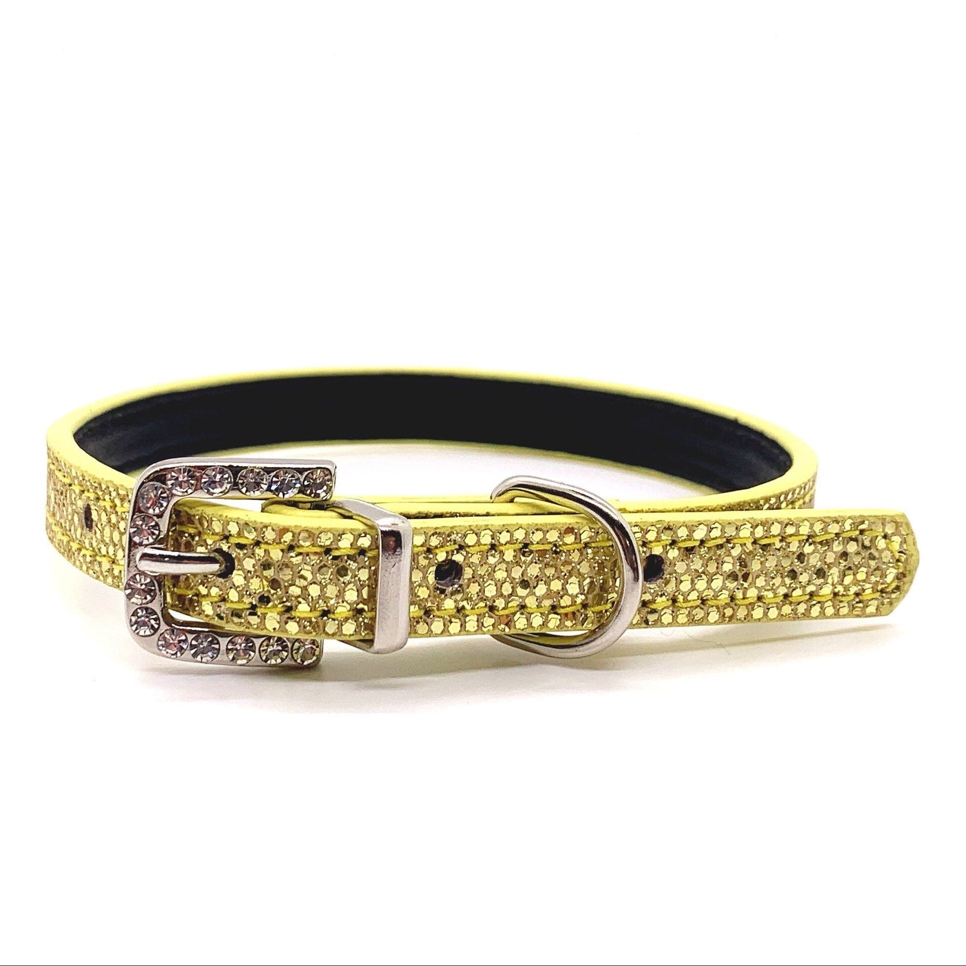 Gold glittery dog collar with a silver buckle on a white background