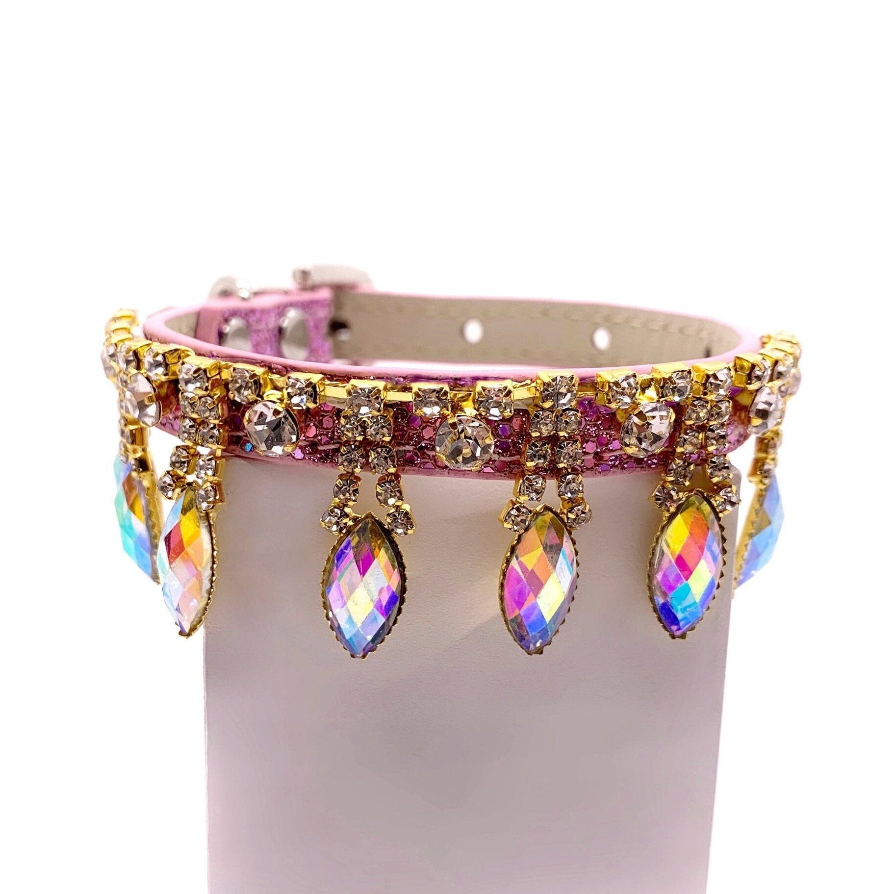 Luxury rhinestone pet collar pink glitter dangling iridescent AB marquise crystal teardrop pendants gold setting for cats and dogs