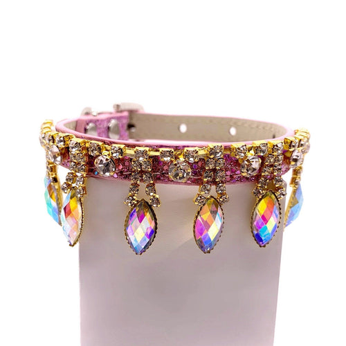 Luxury rhinestone pet collar pink glitter dangling iridescent AB marquise crystal teardrop pendants gold setting for cats and dogs