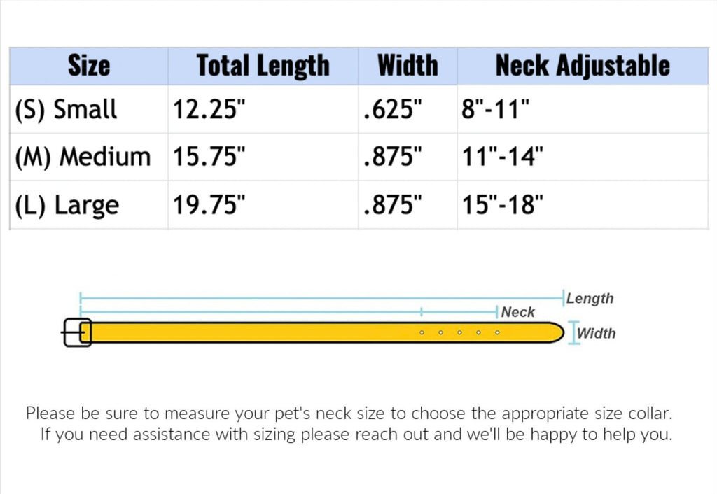 Size chart for pet collars with measurements for total length, width, and neck adjustable range.