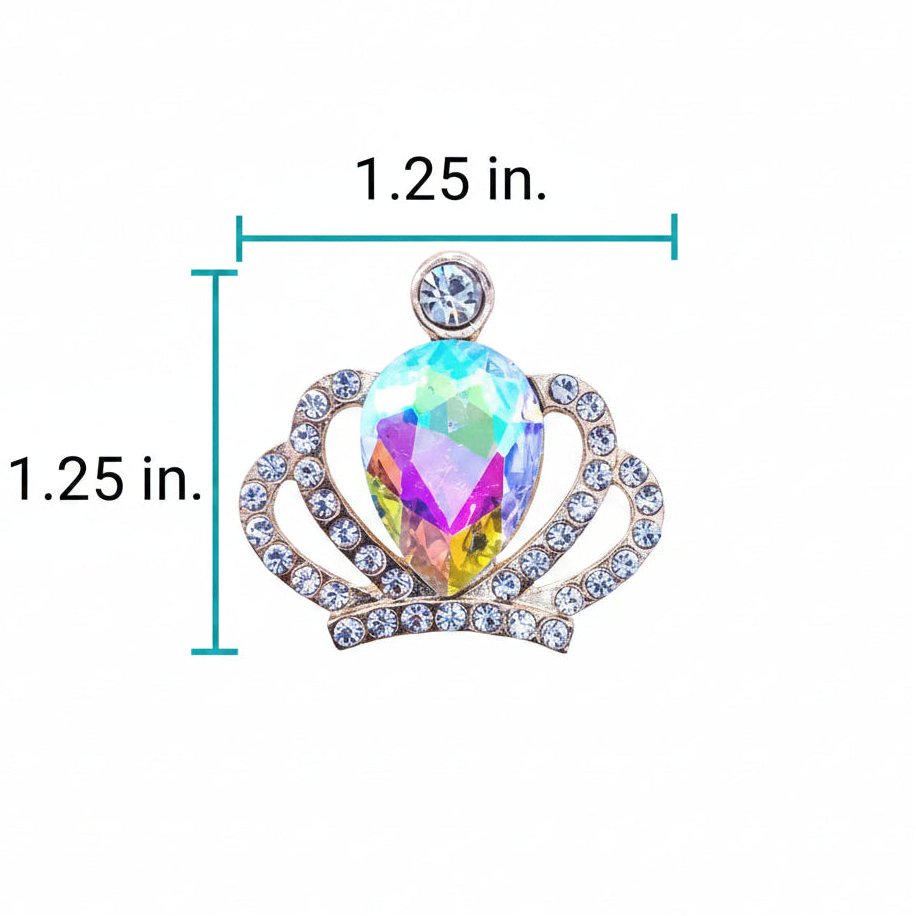 Size diagram of 1.25 inch wide by 1.25 inch tall gold crown charm with aurora borealis iridescent teardrop crystal centerpiece and rhinestone halo setting for luxury pet collar