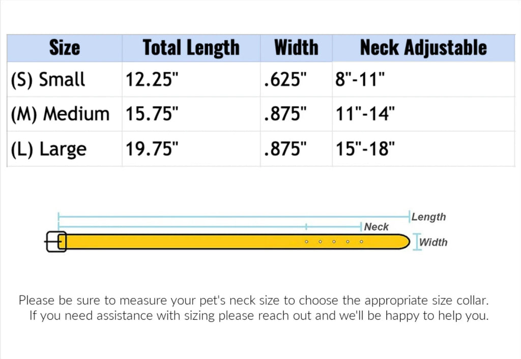 Collar size chart with measurements for small, medium, and large sizes on a white background.