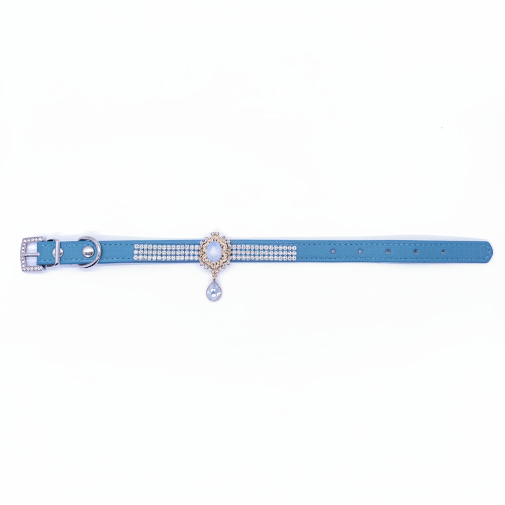 Blue leather luxury pet collar with rhinestone band, gold baroque light blue centerpiece, and dangling opal teardrop pendant