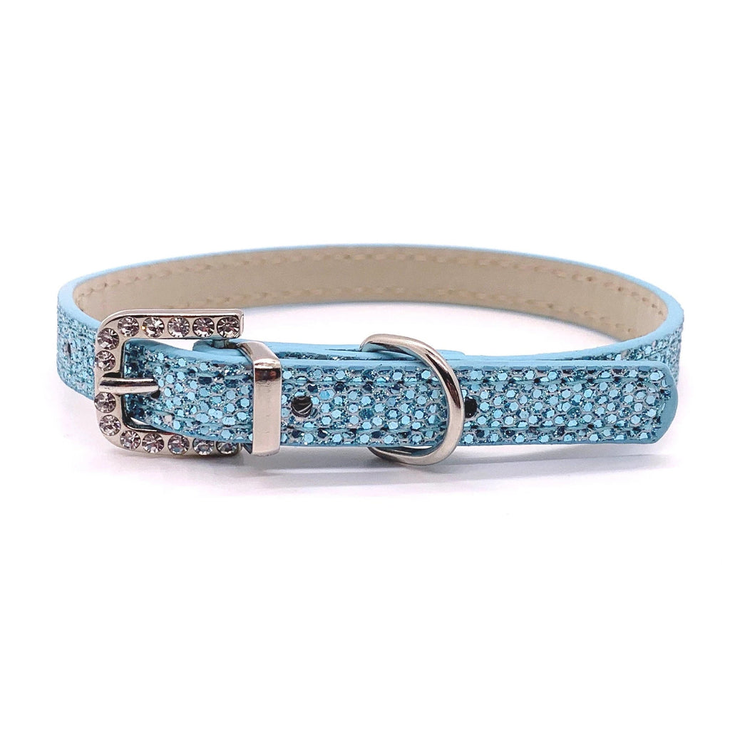Blue glittery pet collar with a silver buckle for cats and dogs on a white background