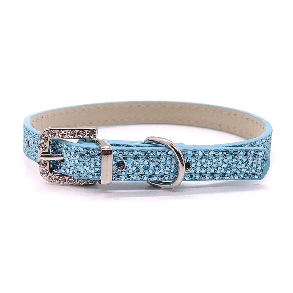 Blue glittery dog collar with a silver buckle on a white background