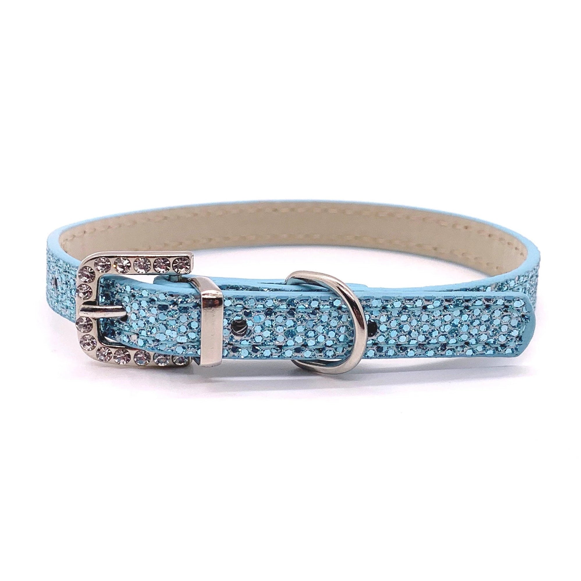 Blue glittery dog collar with a silver buckle on a white background