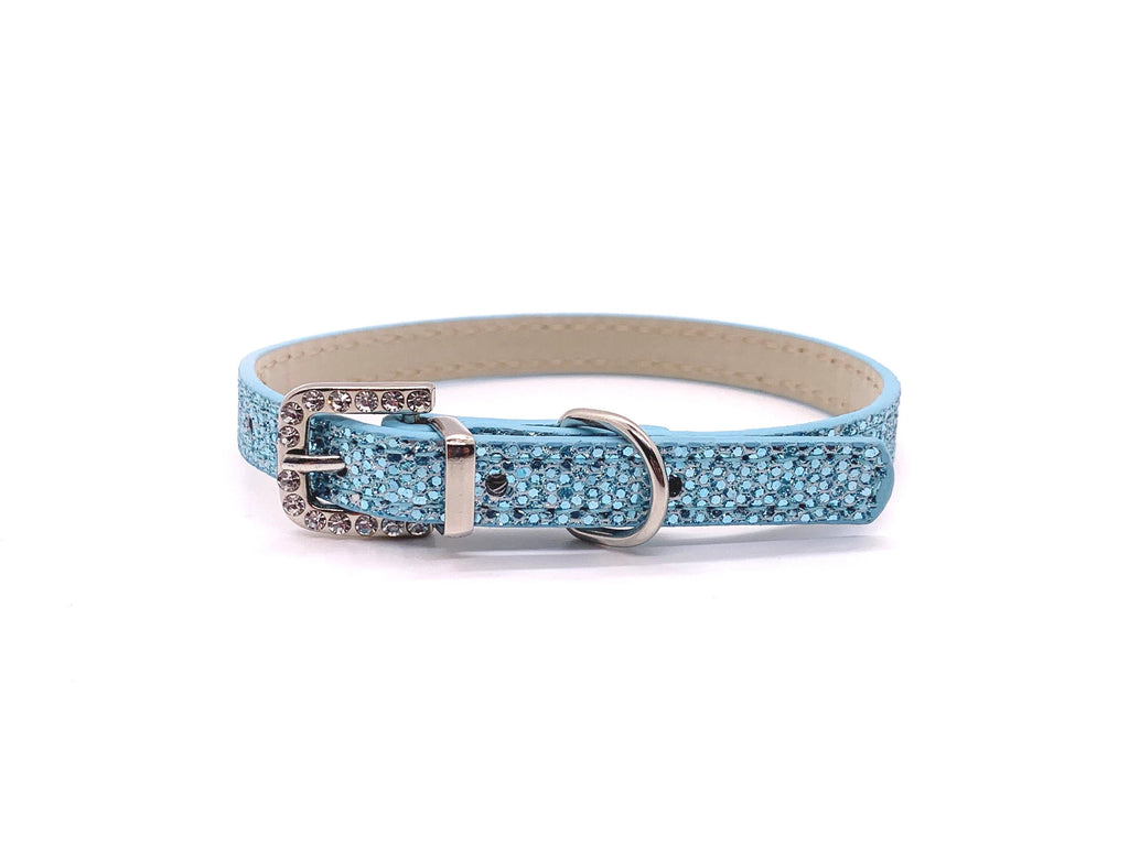 Blue glittery dog collar with a silver buckle on a white background