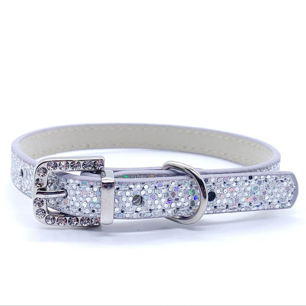 Silver glitter rhinestone pet collar with crystal-encrusted buckle and D-ring for cats and dogs